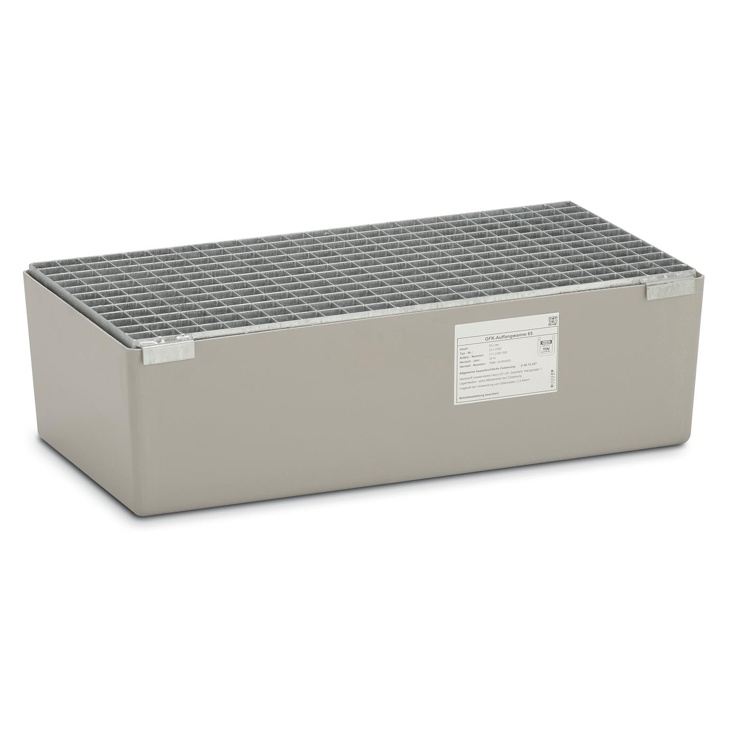 Auffangwanne aus GFK für 2 x 60 l Fässer, Volumen 65 l, mit Gitterrost, ohne Füße, mit Zulassung