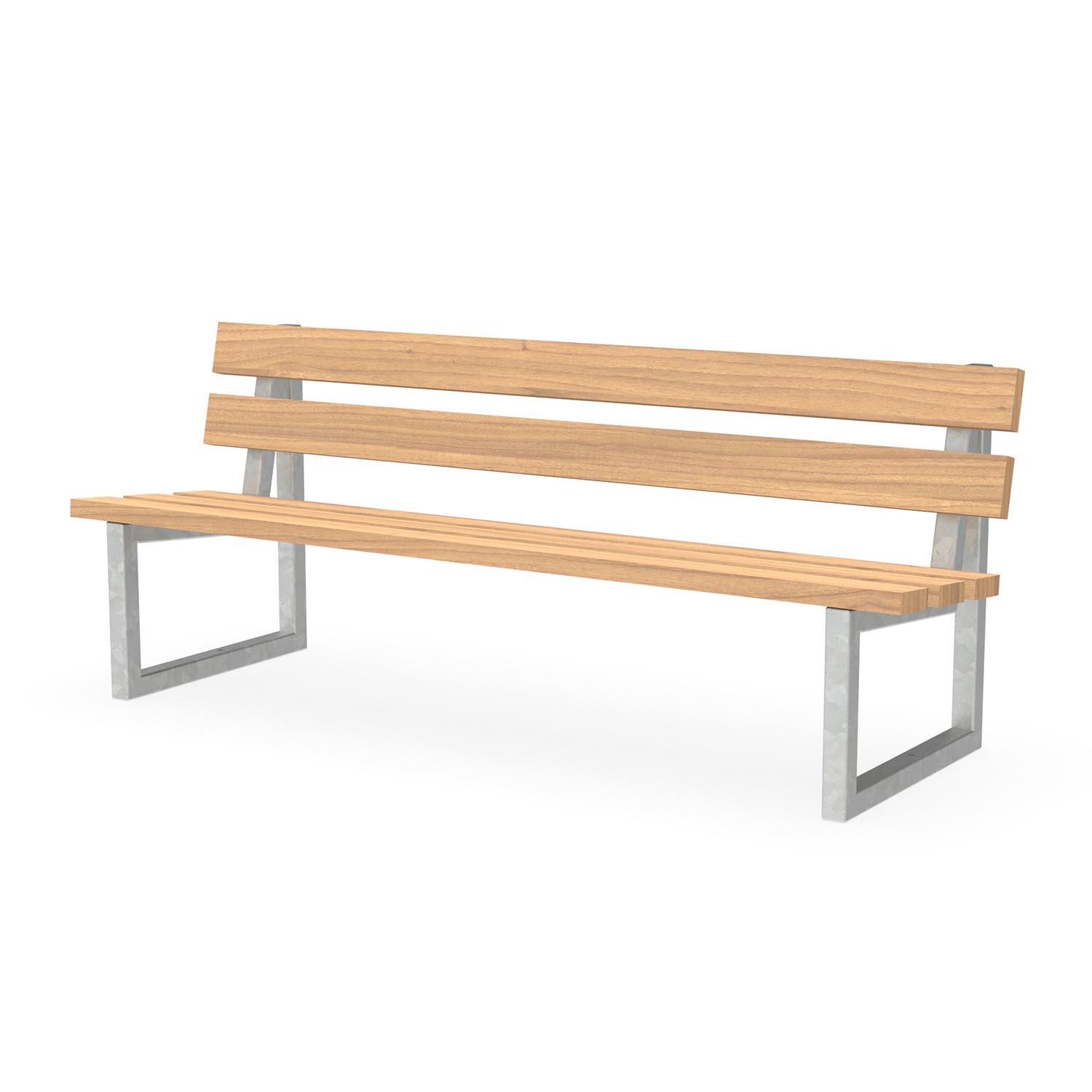 Parkbank aus Metall mit Sitzfläche und Rückenlehne aus Holz