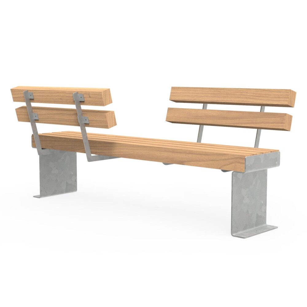 CUBE Parkbank Gestell aus Stahl und Sitzfläche aus Holz mit Doppel-Rückenlehne