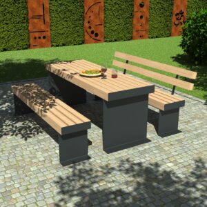 CUBE Sitzgruppe beschichtet Parkbank Hockerbank Tisch und Sichtschutzwänden aus Cortenstahl