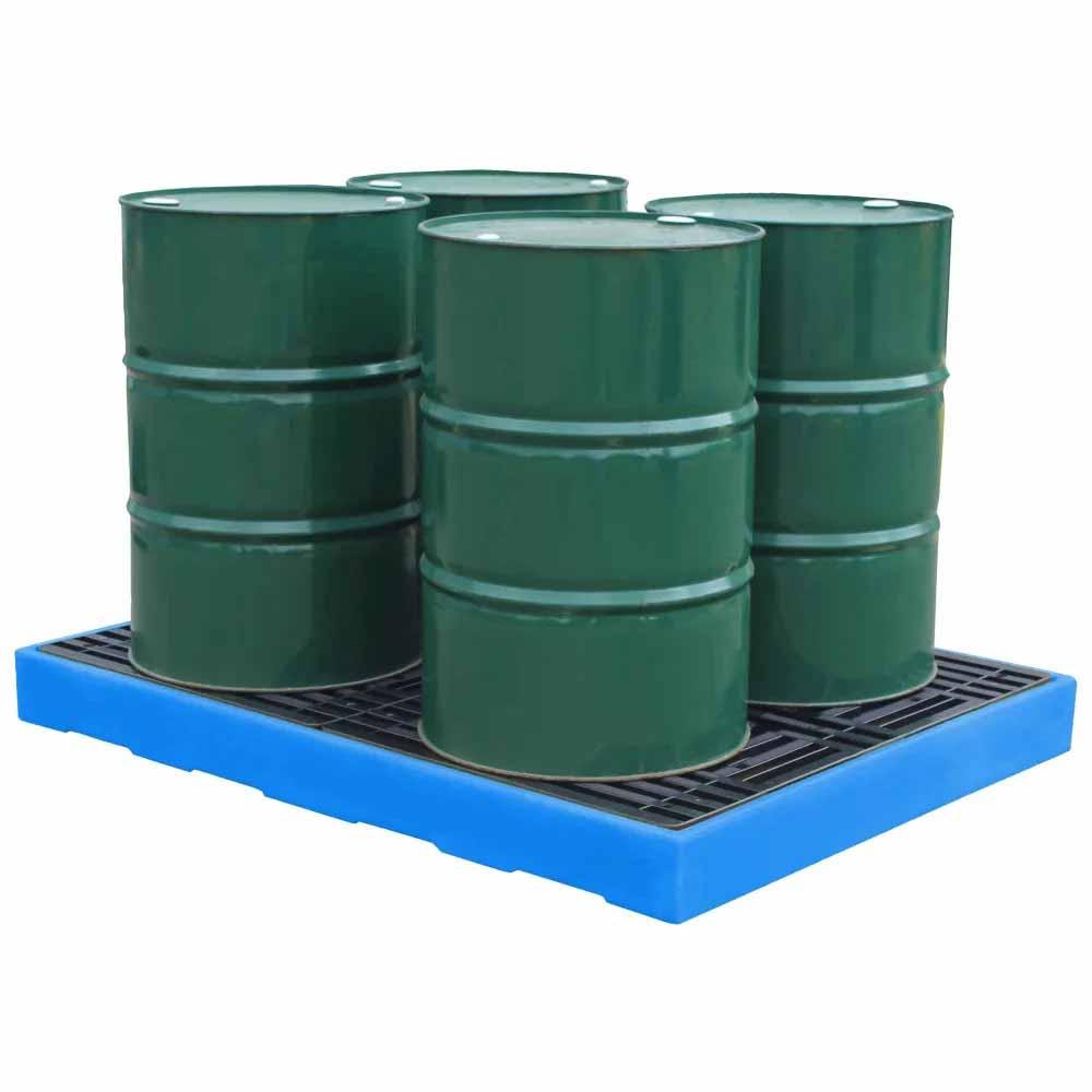 Flächenschutzelement aus Polyethylen (PE) für 4 Fässer, Auffangvolumen 300 l, mit PE-Rost