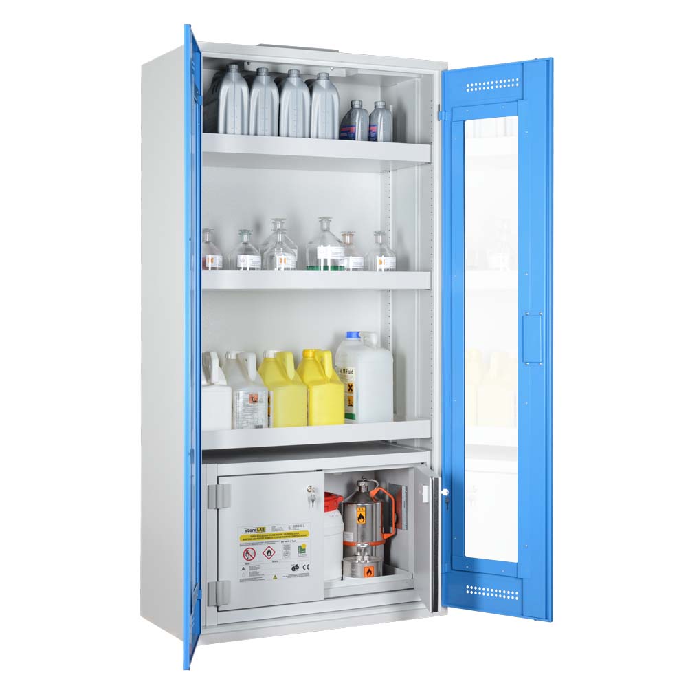 Chemikalienschrank für Kleingebinde mit F30 Sicherheitsbox, 2 Flügeltüren mit Plexiglas, 950x500x1950mm