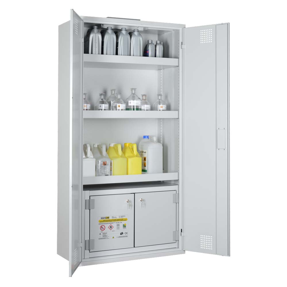 Chemikalienschrank für Kleingebinde mit F30 Sicherheitsbox, 2 Flügeltüren, 950x500x1950mm