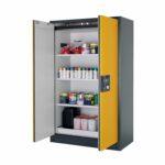 F90 Sicherheitsschrank, Breite 120 cm, 3 Fachböden, 1 Bodenwanne, 1 Lochblecheinsatz