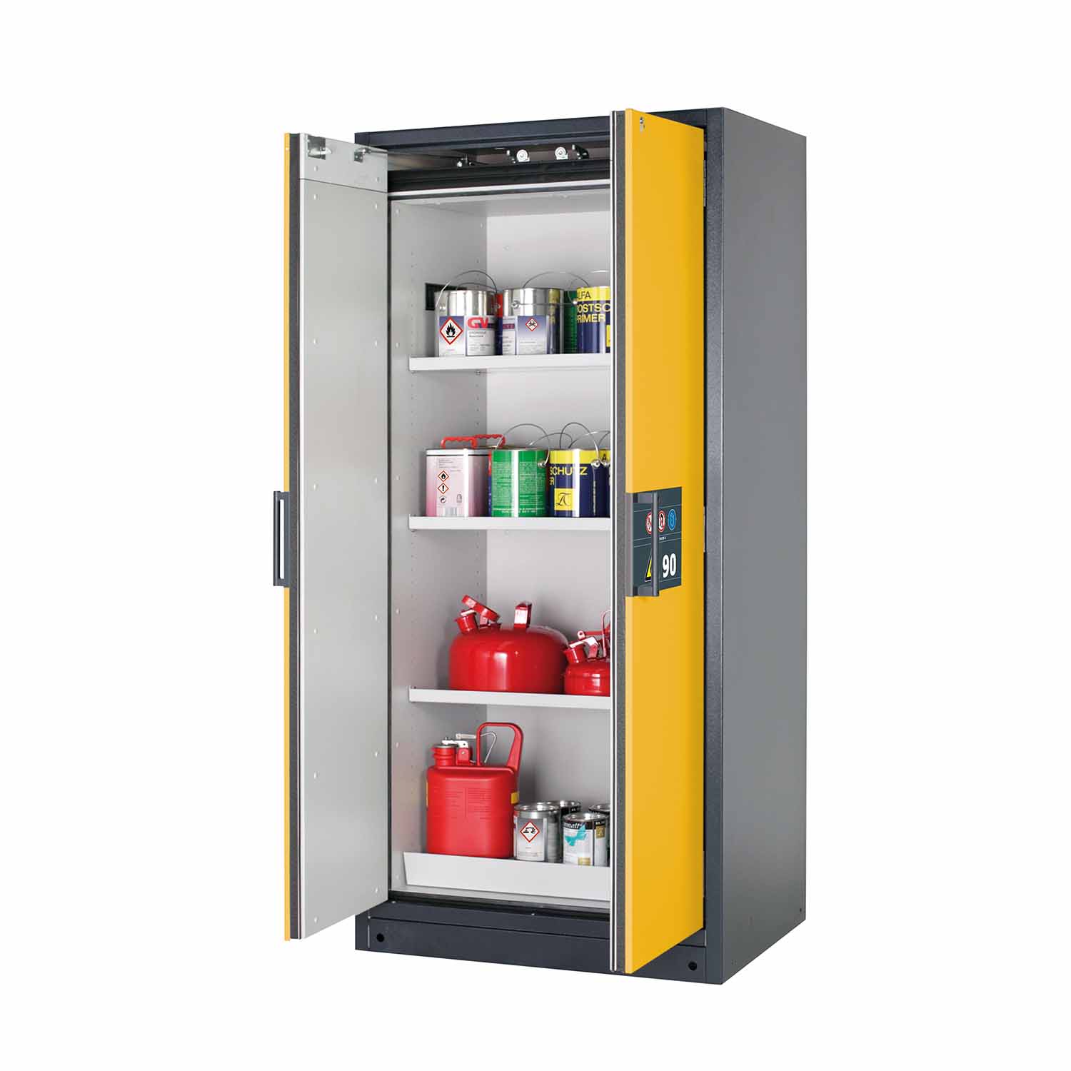 F90 Sicherheitsschrank, Breite 90 cm, 3 Fachböden, 1 Bodenwanne, 1 Lochblecheinsatz