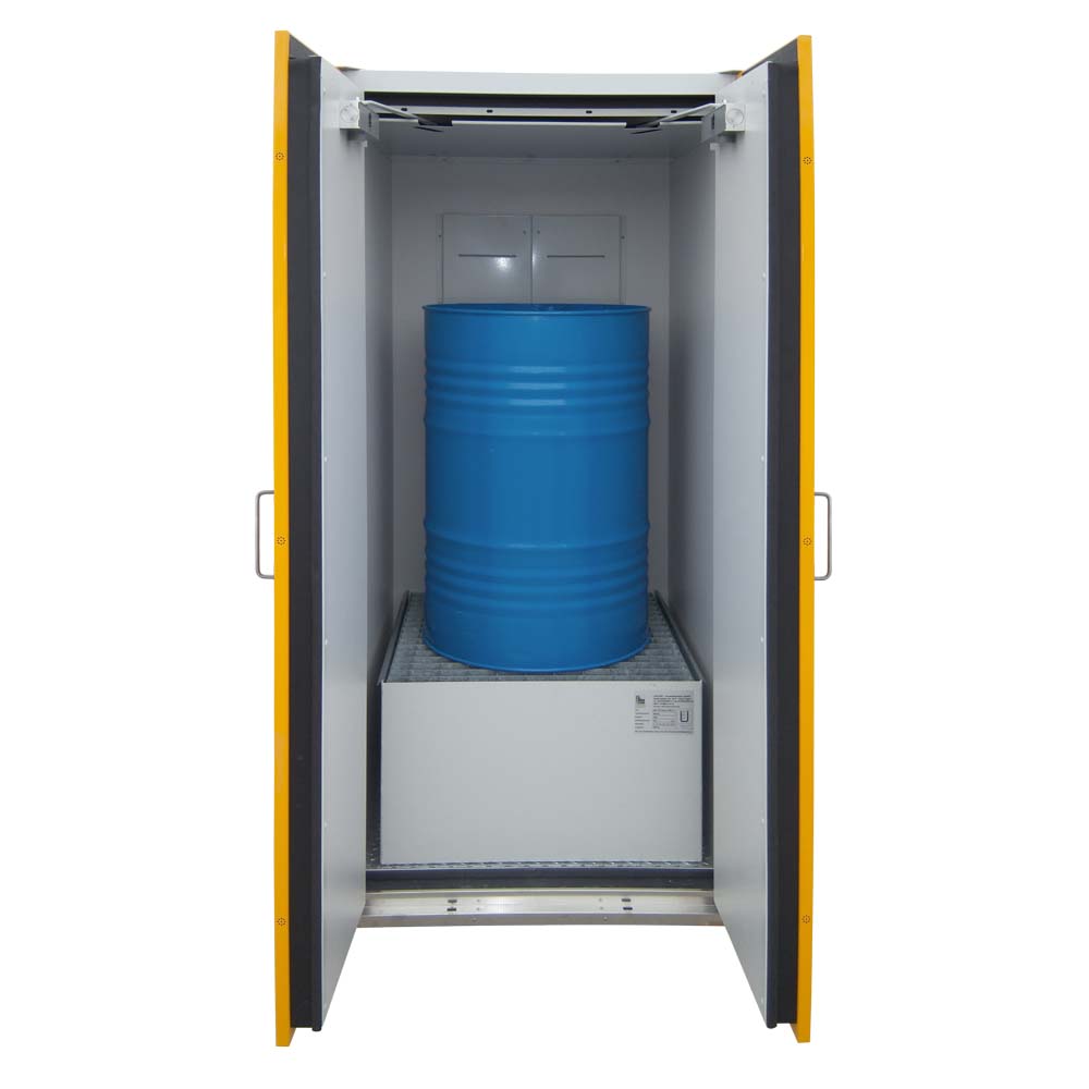 F90 Fassschrank mit Bodenwanne und Gitterrost, Breite 90 cm