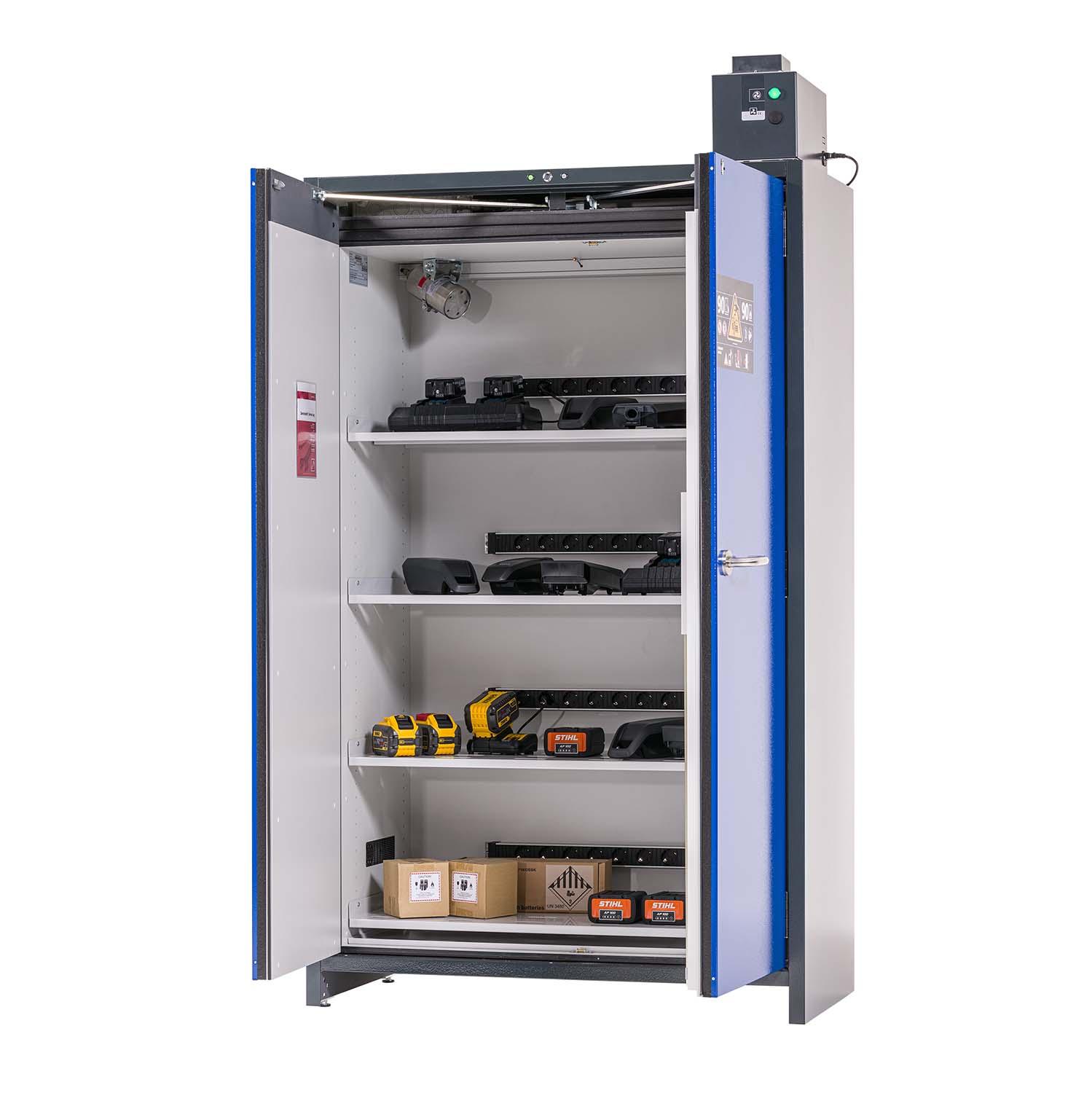 F90 Lithium-Akku-Ladeschrank CHARGEpro, selbstschließende Flügeltüren, Warnsystem, integr. Entlüftungsaufsatz F90 Sicherheitsschrank für Lithium-Akkus Produktbild F90 Lithium-Akku-Ladeschrank CHARGEplus, selbstschließende Flügeltüren, Warnsystem, integr. Entlüftungsaufsatz