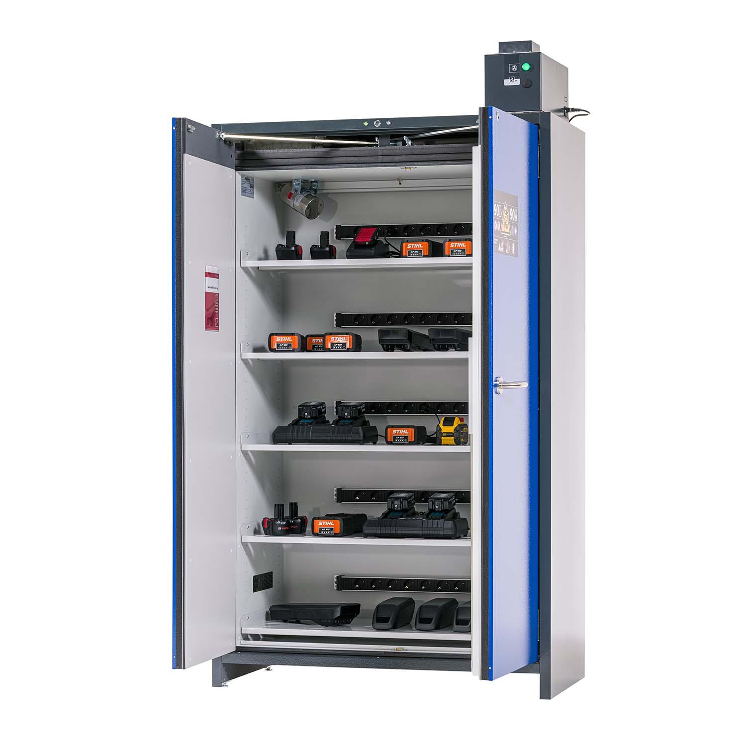 F90 Lithium-Akku-Ladeschrank CHARGEpro, selbstschließende Flügeltüren, Warnsystem, integr. Entlüftungsaufsatz F90 Sicherheitsschrank für Lithium-Akkus Produktbild F90 Lithium-Akku-Ladeschrank CHARGEplus, selbstschließende Flügeltüren, Warnsystem, integr. Entlüftungsaufsatz