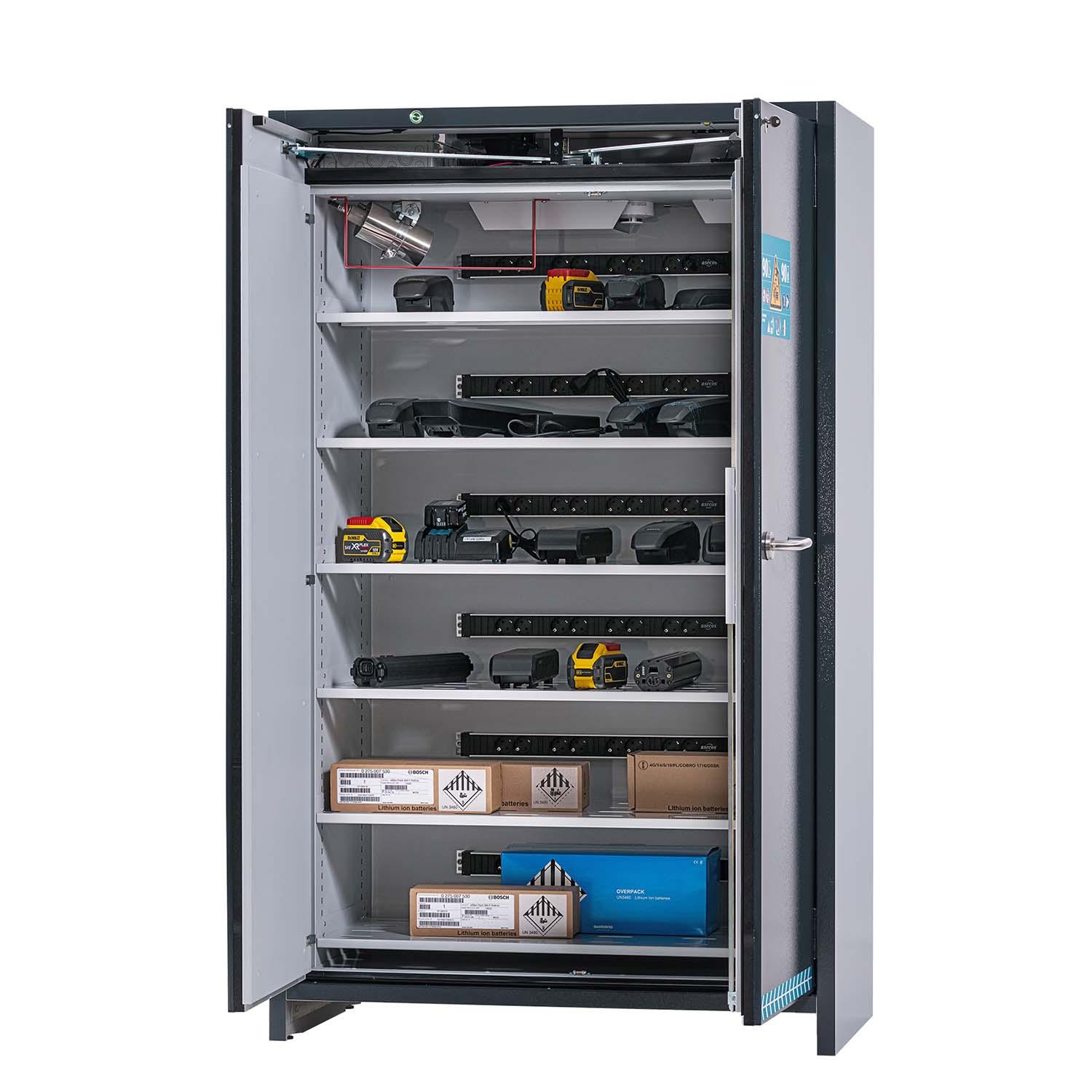 F90 Lithium-Akku-Ladeschrank ULTRA, Flügeltüren mit Tür-Schließautomatik und Einhandbedienung, Warnsystem, integr. Entlüftung F90 Sicherheitsschrank für Lithium-Akkus Produktbild F90 Lithium-Akku-Ladeschrank ULTRA, Flügeltüren mit Tür-Schließautomatik und Einhandbedienung, Warnsystem, integr. Entlüftung