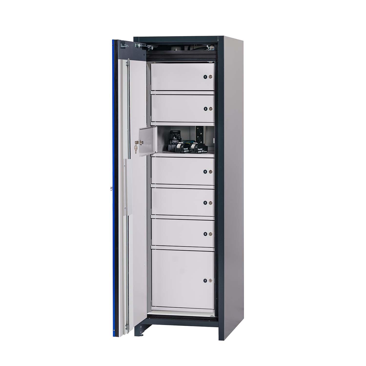 F90 Lithium-Akku-Ladeschrank CHARGEcore mit Schließfächern, selbstschließende Flügeltür, mit Brandwarnsystem