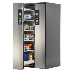 F90 Sicherheitsschrank mit Vertikalauszug, 2 Lagerzonen mit Fachböden und Bodenwannen, Tür-Schließ-Automatik, 819x860x1966mm, mit Edelstahl-Tür