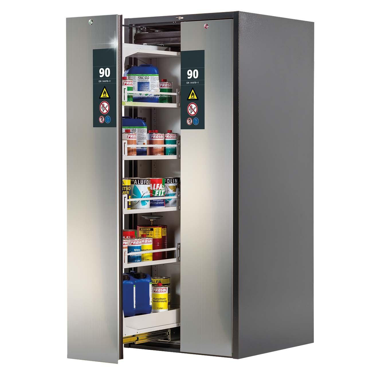 F90 Sicherheitsschrank mit Vertikalauszug, 2 Lagerzonen mit Fachböden und Bodenwannen, Tür-Schließ-Automatik, 819x860x1966mm, mit Edelstahl-Tür