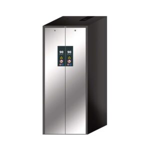 F90 Sicherheitsschrank mit Vertikalauszug, 2 Lagerzonen mit Fachböden und Bodenwannen, Tür-Schließ-Automatik, 819x860x1966mm, mit Edelstahl-Tür