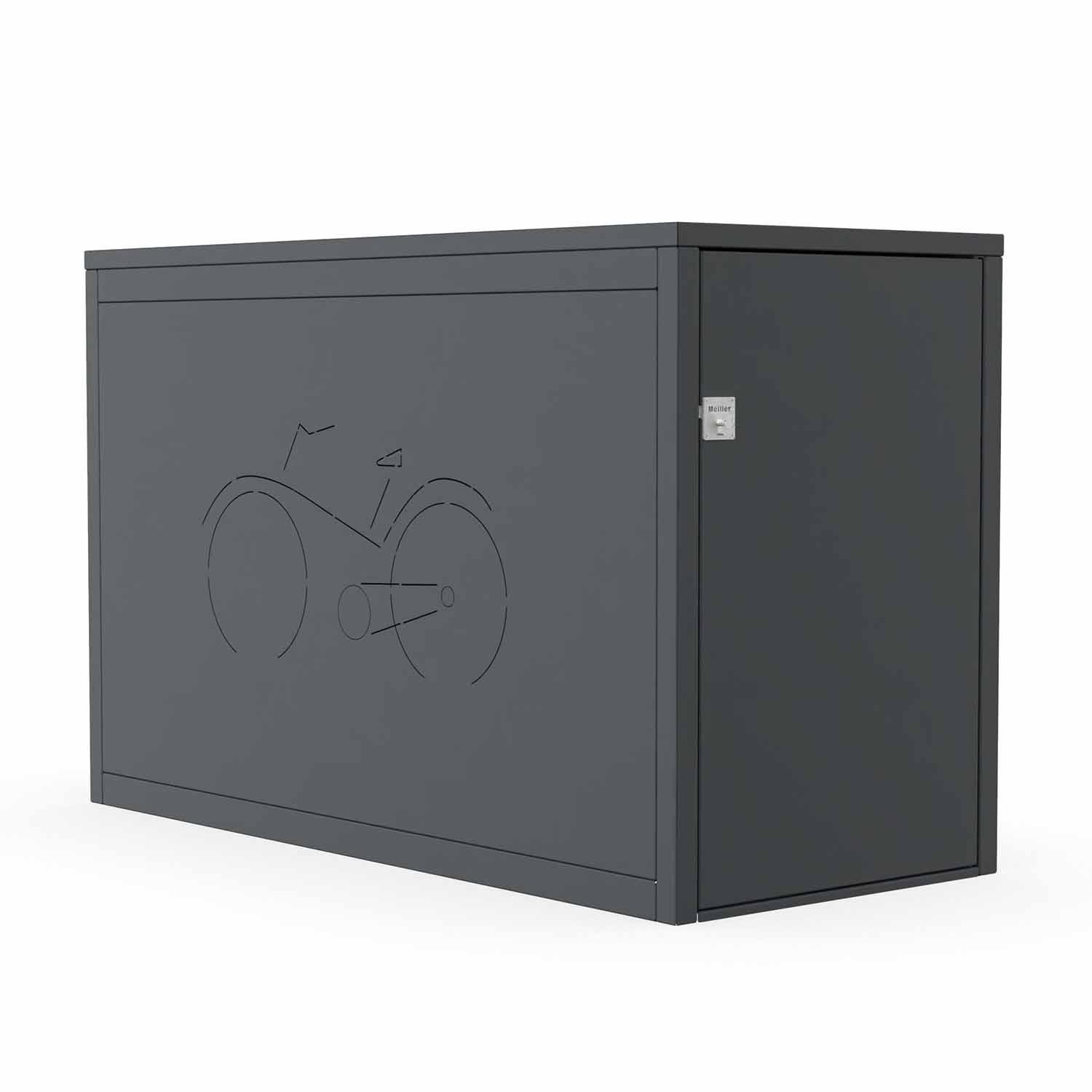 Fahrradbox mit Flachdach, 1 Stellplatz, ausziehbare Einlaufschiene, RAL 7016, Muster Fahrrad