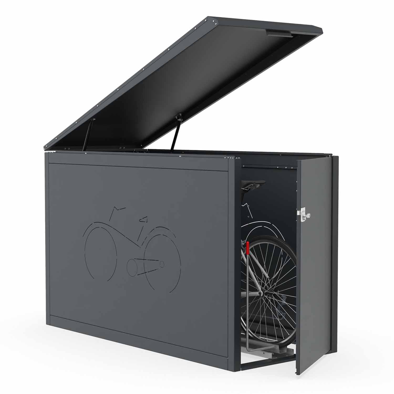 Premium Fahrradbox mit aufklappbarem Pultdach, 1 Stellplatz, ausziehbare Einlaufschiene, RAL 7016, Muster Fahrrad