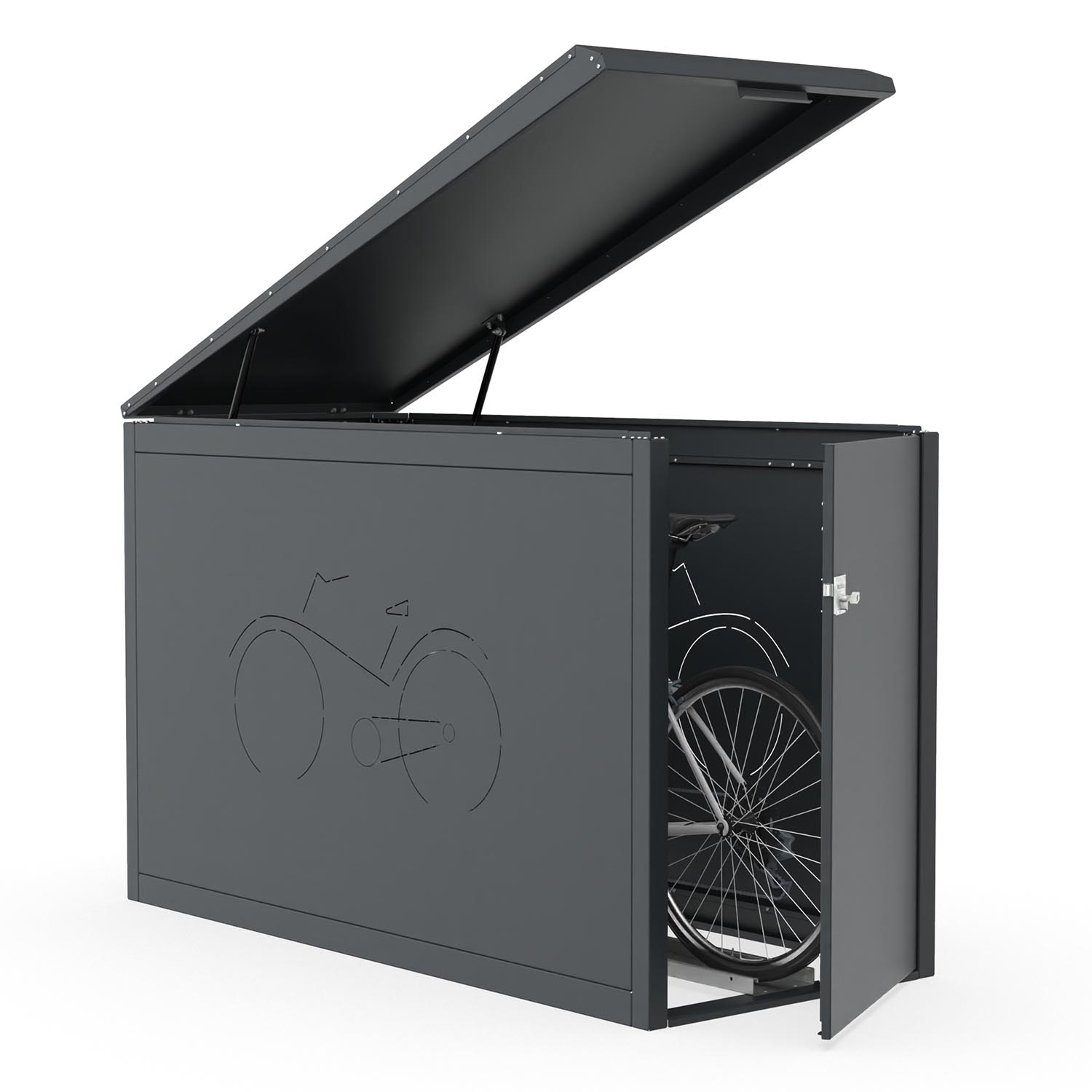 Premium Fahrradbox mit aufklappbarem Pultdach, 1 Stellplatz, ohne Einlaufschiene, RAL 7016, Muster Fahrrad