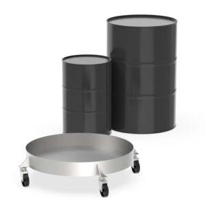 Fassroller aus Edelstahl (V2A) für 200 l Fässer, flüssigkeitsdicht verschweißt