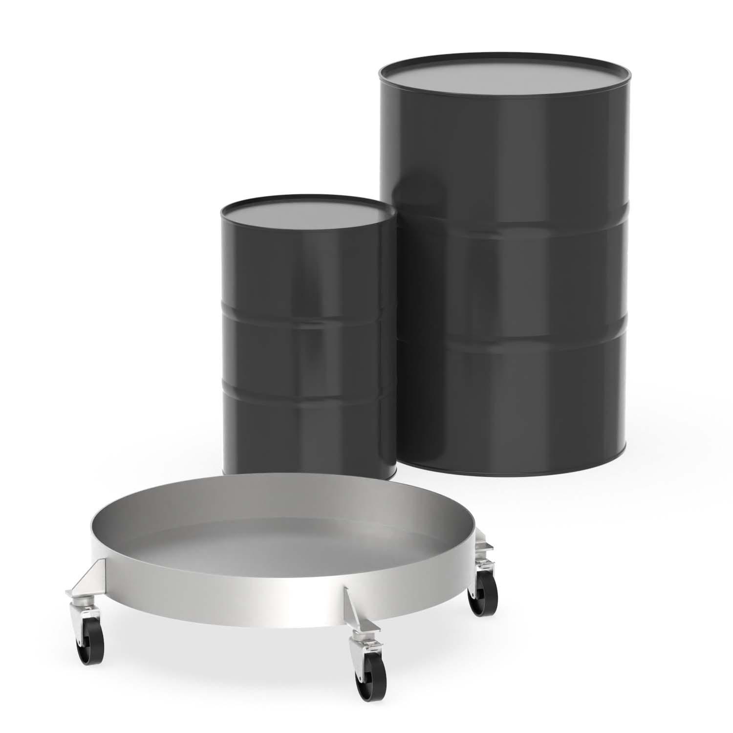 Fassroller aus Edelstahl (V2A) für 200 l Fässer, flüssigkeitsdicht verschweißt