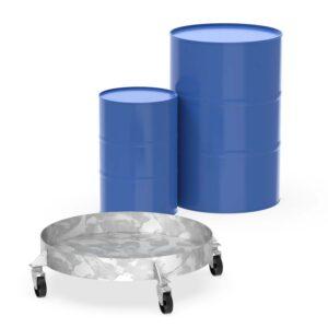 Auffangwanne aus Stahl für 2 x 200 l Fässer, ohne Gitterrost, unterfahrbar, 1300x800x335mm Auffangwannen aus Stahl Produktbild Fassroller aus Stahl, verzinkt, für 200 l Fässer, flüssigkeitsdicht verschweißt