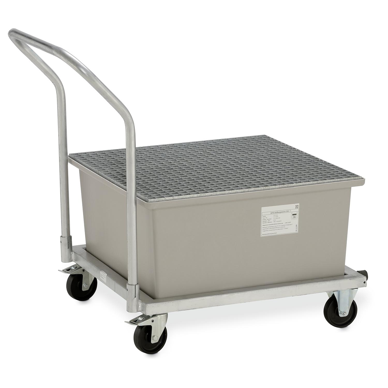 Fahrbare Auffangwanne aus GFK für 1 x 200 l Fass, Volumen 220 l, mit Gitterrost, mit Zulassung