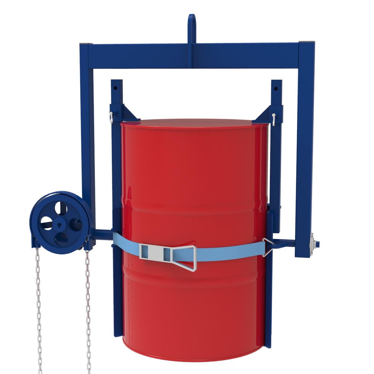 Fass-Kipptraverse mit Aufnahmekorb für stehende Stahl- und Kunststofffässer