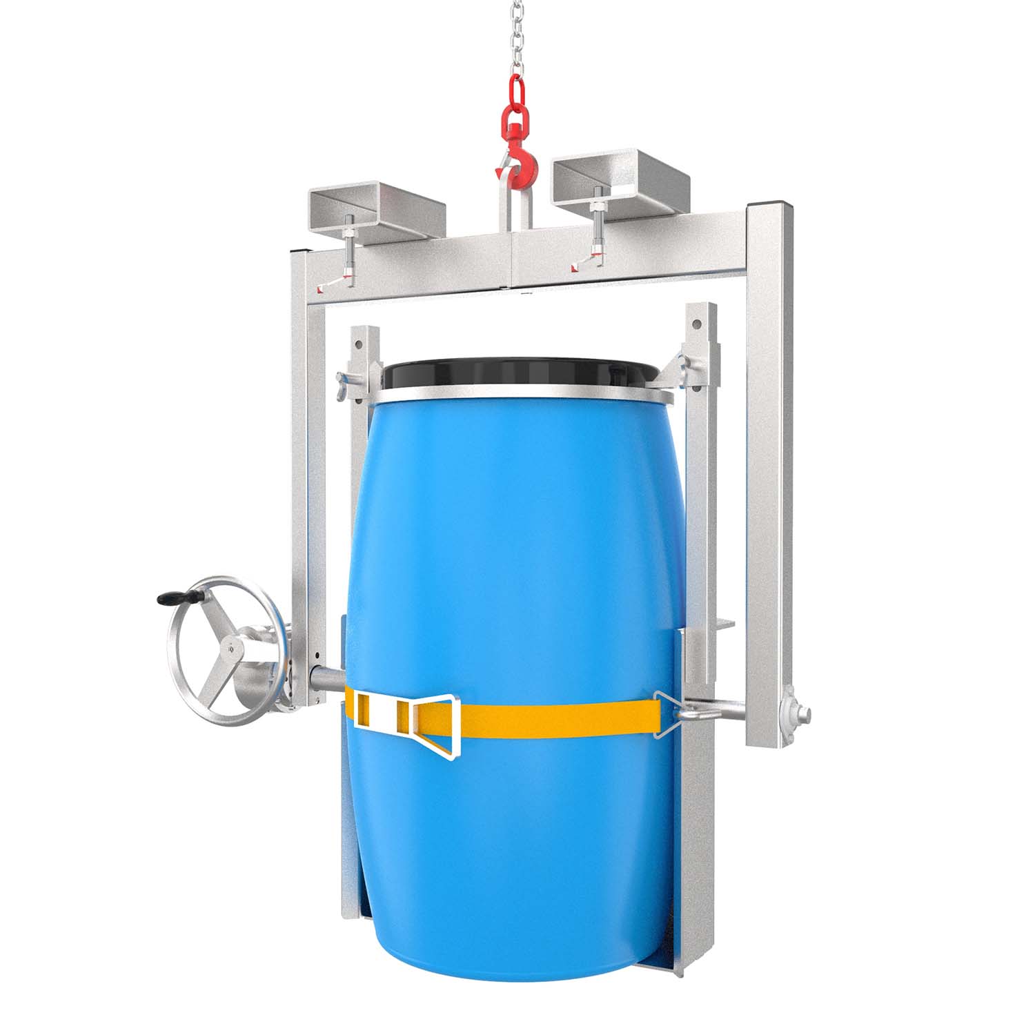 Fass-Kipptraverse aus Edelstahl (V2A) mit Handrad, Aufnahmekorb für stehende 200 l Stahl- und Kunststofffässer