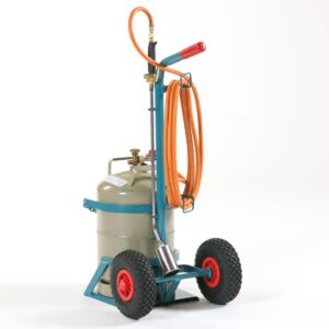 Flaschenwagen für 1 Propan- oder Chlorgasflasche, mit Standplatte und Halterung für Schlauch und Anwärmebrenner
