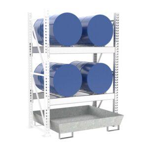 Stapelregal mit Auffangwanne aus GFK für 2 x 200 l Fässer und Kleingebinde Fass-Stapelregale Produktbild Fassregal mit Stahlauffangwanne, Anbaueinheit, 2 Ebenen, 4 x 200 l liegend