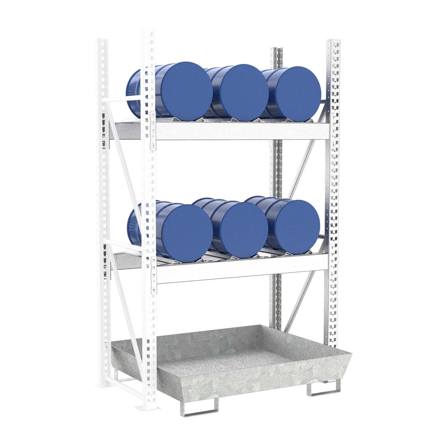 Fassregal mit Stahlauffangwanne, Anbaueinheit, 2 Ebenen, 6 x 60 l liegend