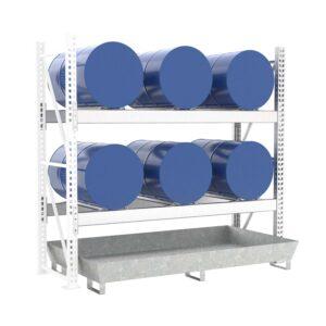 Stapelregal mit Auffangwanne aus GFK für 2 x 200 l Fässer und Kleingebinde Fass-Stapelregale Produktbild Fassregal mit Stahlauffangwanne, Anbaueinheit, 2 Ebenen, 6 x 200 l liegend