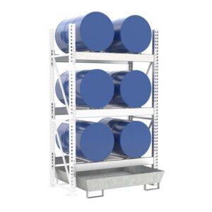 Stapelregal mit Auffangwanne aus GFK für 2 x 200 l Fässer und Kleingebinde Fass-Stapelregale Produktbild Fassregal mit Stahlauffangwanne, Anbaueinheit, 3 Ebenen, 6 x 200 l liegend