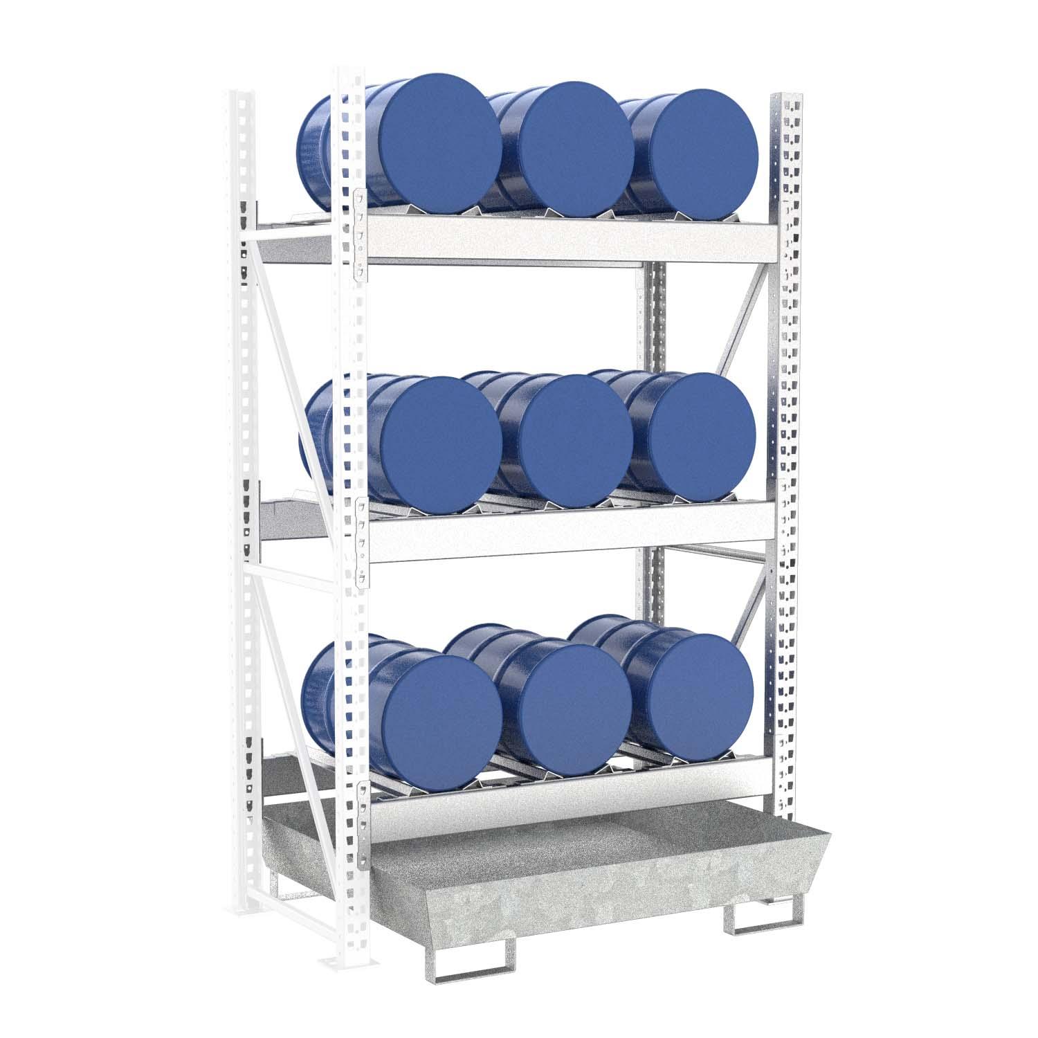 Fassregal mit Stahlauffangwanne, Anbaueinheit, 3 Ebenen, 9 x 60 l liegend