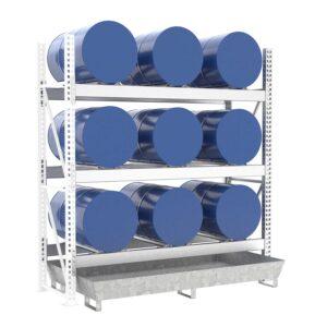 Stapelregal mit Auffangwanne aus GFK für 2 x 200 l Fässer und Kleingebinde Fass-Stapelregale Produktbild Fassregal mit Stahlauffangwanne, Anbaueinheit, 3 Ebenen, 9 x 200 l liegend
