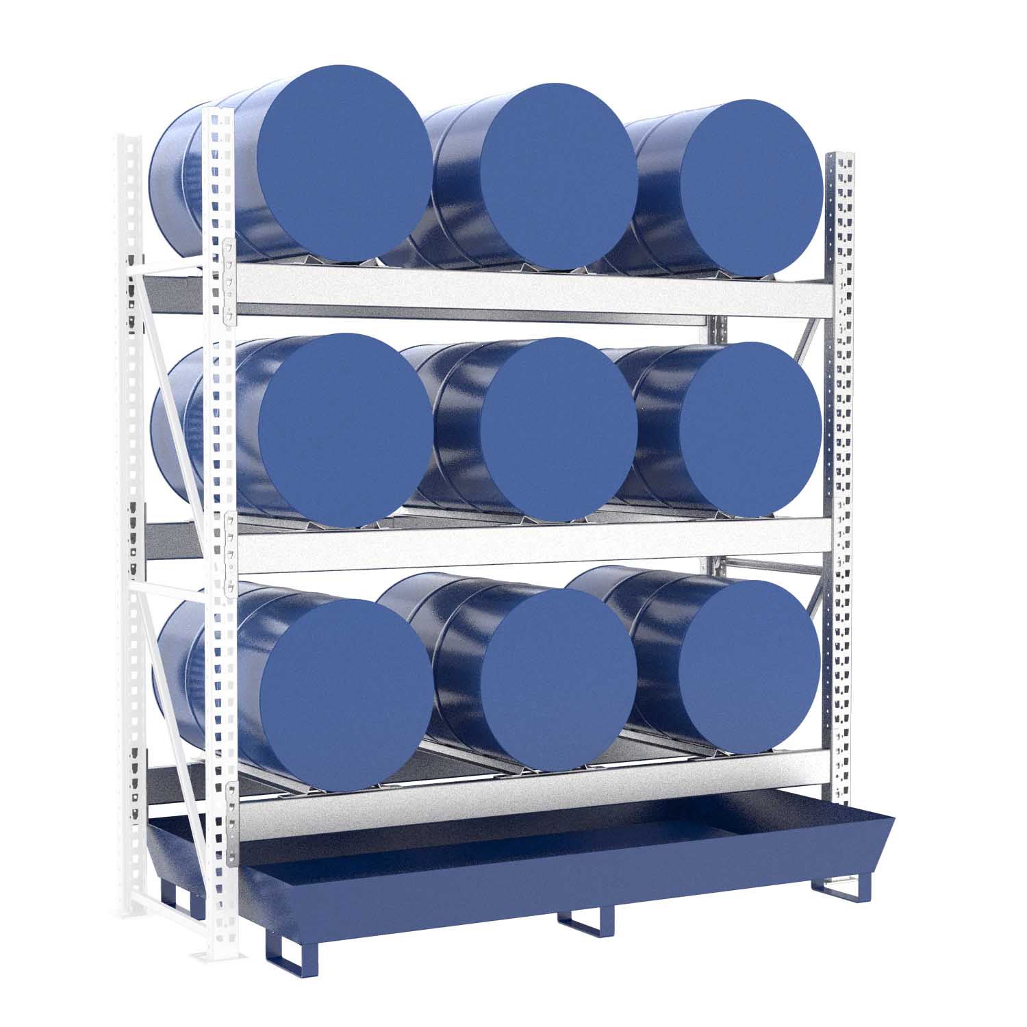 Fassregal mit lackierter Stahlauffangwanne, Anbaueinheit, 3 Ebenen, 9 x 200 l liegend