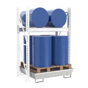 Stapelregal mit Auffangwanne aus GFK für 2 x 200 l Fässer und Kleingebinde Fass-Stapelregale Produktbild Fassregal mit Stahlauffangwanne, Anbaueinheit, 2 Ebenen, 2 x 200 l liegend / 4 x 200 l stehend