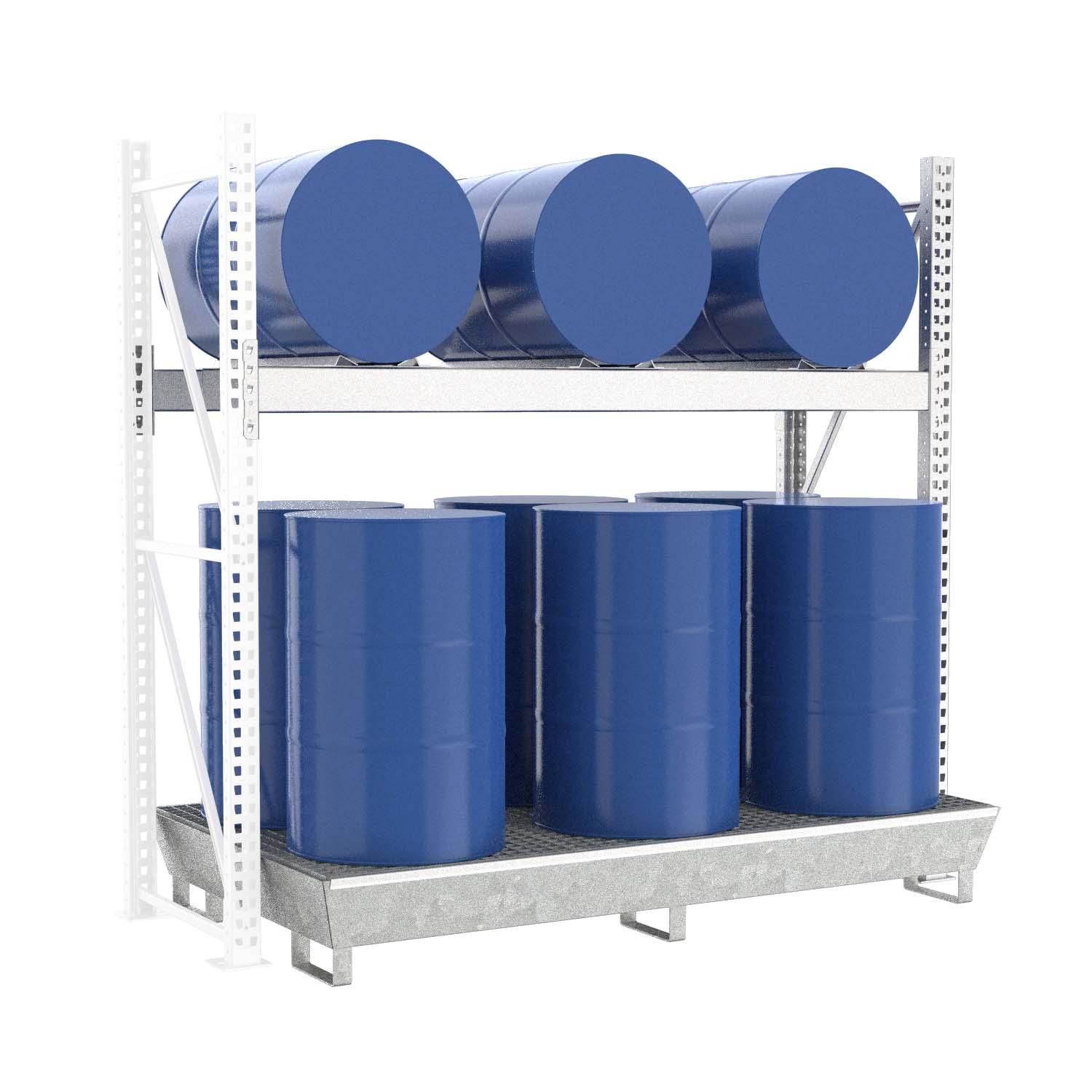 Fassregal mit Stahlauffangwanne, Anbaueinheit, 2 Ebenen, 3 x 200 l liegend / 6 x 200 l stehend