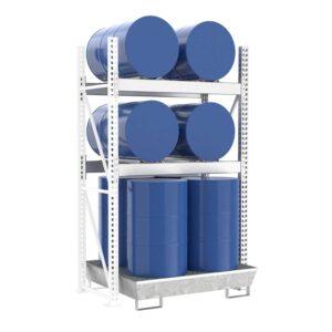 Stapelregal mit Auffangwanne aus GFK für 2 x 200 l Fässer und Kleingebinde Fass-Stapelregale Produktbild Fassregal mit Stahlauffangwanne, Anbaueinheit, 3 Ebenen, 4 x 200 l liegend / 4 x 200 l stehend