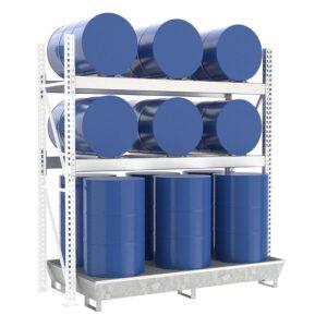 Stapelregal mit Auffangwanne aus GFK für 2 x 200 l Fässer und Kleingebinde Fass-Stapelregale Produktbild Fassregal mit Stahlauffangwanne, Anbaueinheit, 3 Ebenen, 6 x 200 l liegend / 6 x 200 l stehend