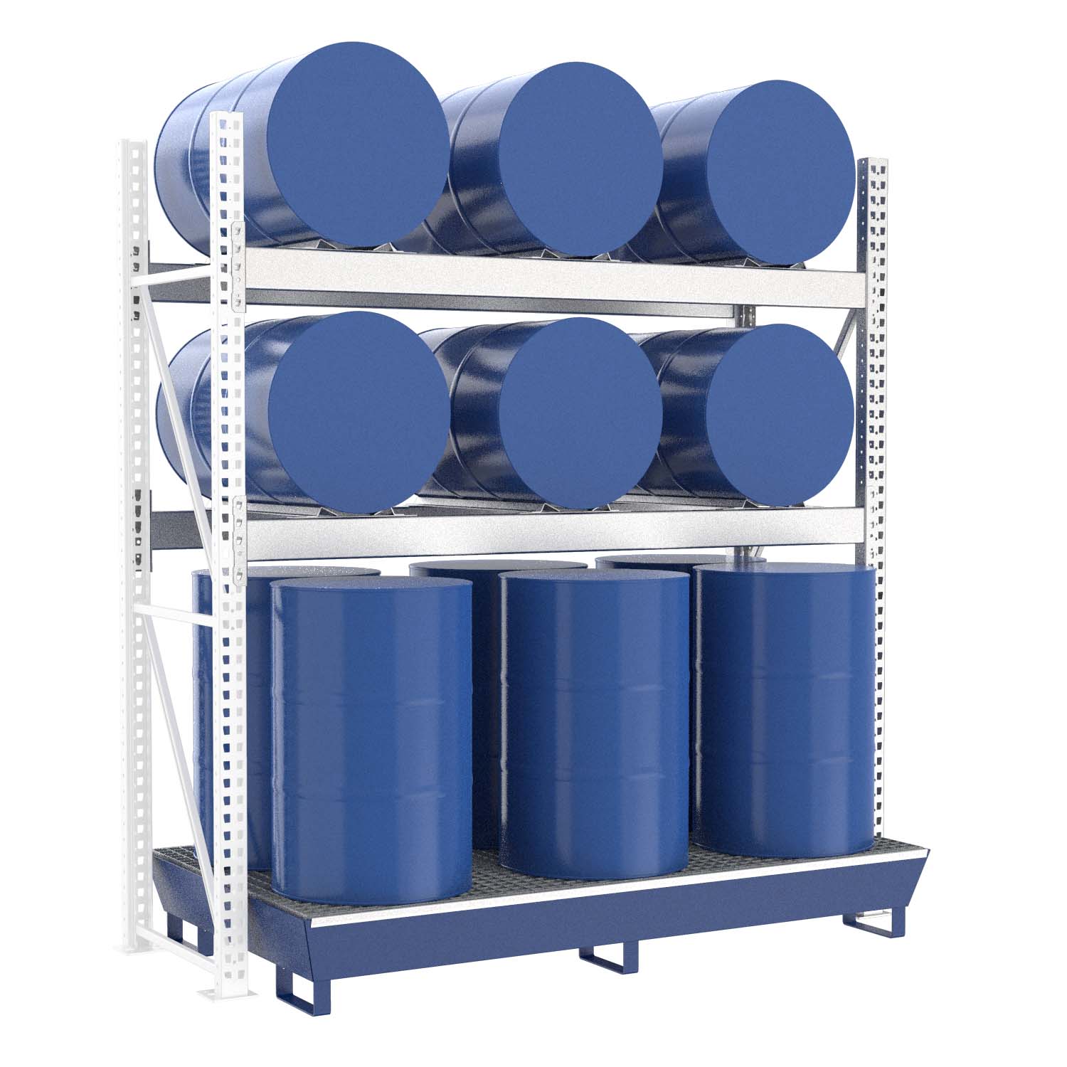 Fassregal mit lackierter Stahlauffangwanne, Anbaueinheit, 3 Ebenen, 6 x 200 l liegend / 6 x 200 l stehend