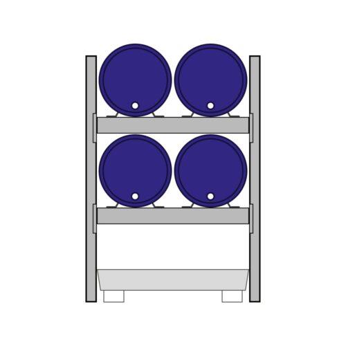 Fassregal mit Stahlauffangwanne, Grundeinheit, 2 Ebenen, 4 x 200 l liegend
