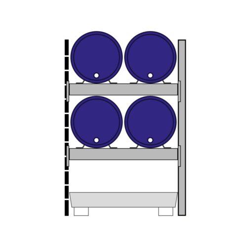 Fassregal mit Stahlauffangwanne, Anbaueinheit, 2 Ebenen, 4 x 200 l liegend