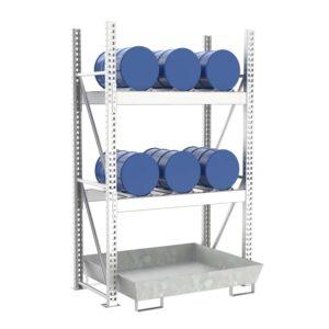 Stapelregal mit Auffangwanne aus GFK für 2 x 200 l Fässer und Kleingebinde Fass-Stapelregale Produktbild Fassregal mit Stahlauffangwanne, Grundeinheit, 2 Ebenen, 6 x 60 l liegend