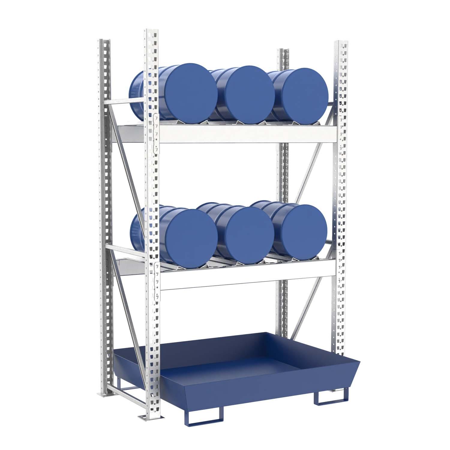 Fassregal mit lackierter Stahlauffangwanne, Grundeinheit, 2 Ebenen, 6 x 60 l liegend