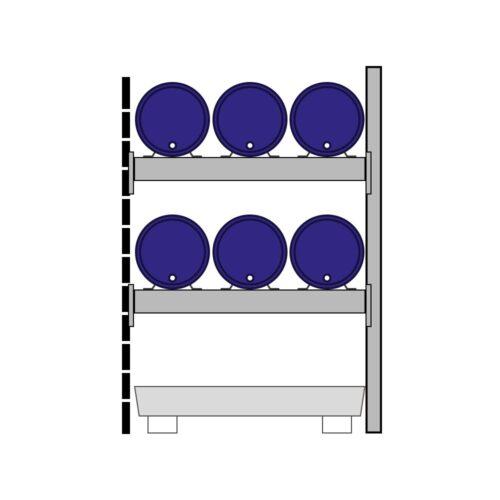 Fassregal mit Stahlauffangwanne, Anbaueinheit, 2 Ebenen, 6 x 60 l liegend