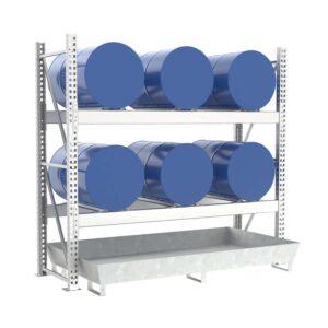 Stapelregal mit Auffangwanne aus GFK für 2 x 200 l Fässer und Kleingebinde Fass-Stapelregale Produktbild Fassregal mit Stahlauffangwanne, Grundeinheit, 2 Ebenen, 6 x 200 l liegend
