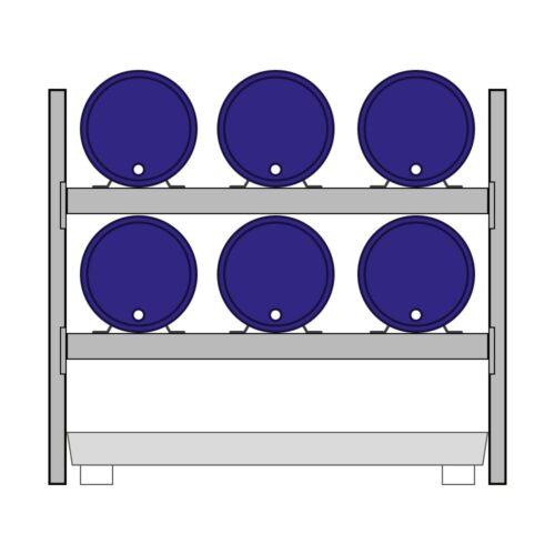 Fassregal mit Stahlauffangwanne, Grundeinheit, 2 Ebenen, 6 x 200 l liegend