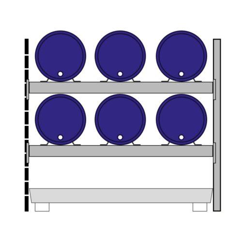 Fassregal mit Stahlauffangwanne, Anbaueinheit, 2 Ebenen, 6 x 200 l liegend