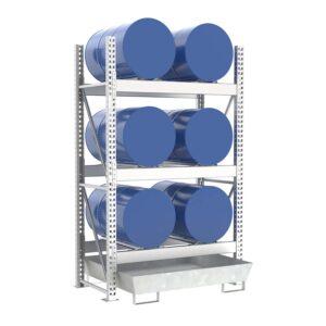 Stapelregal mit Auffangwanne aus GFK für 2 x 200 l Fässer und Kleingebinde Fass-Stapelregale Produktbild Fassregal mit Stahlauffangwanne, Grundeinheit, 3 Ebenen, 6 x 200 l liegend