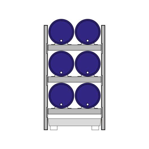 Fassregal mit Stahlauffangwanne, Grundeinheit, 3 Ebenen, 6 x 200 l liegend