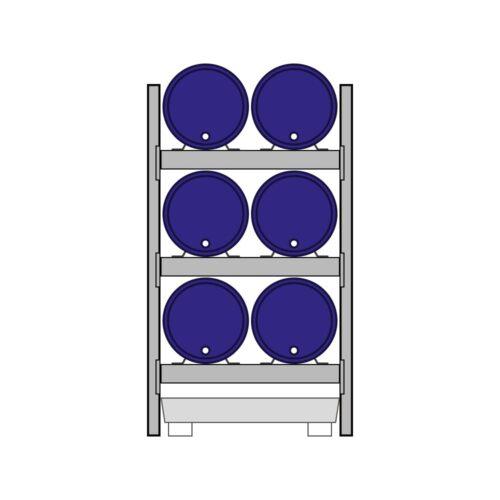 Fassregal mit Stahlauffangwanne, Grundeinheit, 3 Ebenen, 6 x 200 l liegend